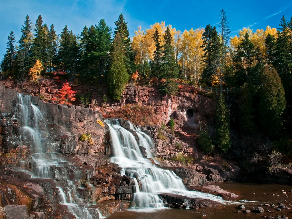 Gooseberry Falls with autumn leaves near Two Harbors
