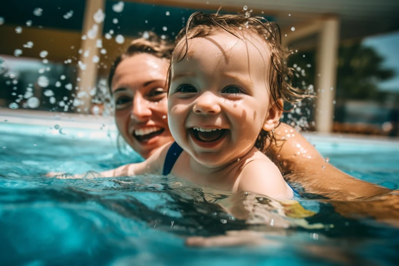 woman and small child swimming in a pool